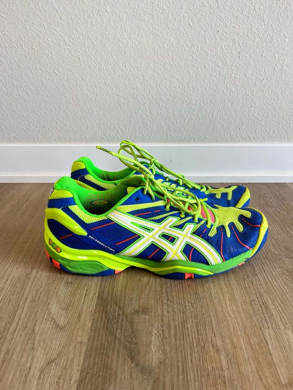Asics, Gel-Resolution Neon Blue/Lime Green Running Sneakers, Tennis Shoe, 10.5